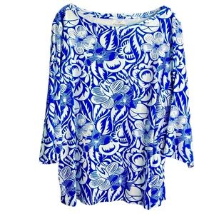 Talbots Abstract Floral 100% Cotton Knit Tee Blue & White Boat Neck  (Size 3X)